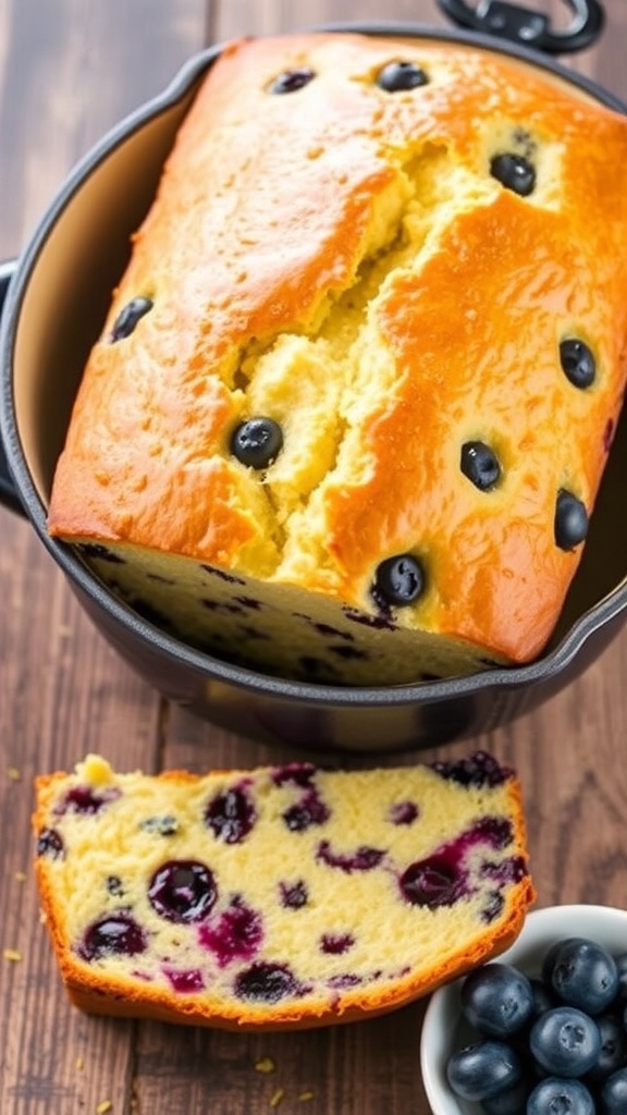 Golden brown blueberry lemon bread in a Dutch oven with fresh blueberries on a wooden table.